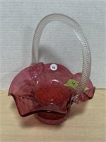 Cranberry Glass Diamond Pattern Basket With Rope