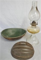 Oil Lamp, Dough Bowl, Tin Mold