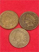 3 - Indian Head Pennies - 1889, 1887, 1865