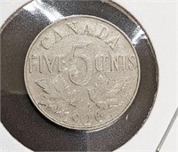 1926 Canadian 5-Cent Nickel Coin - NEAR 6 VARIATIO