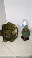 Carnival Glass Bowl & Frog oil Lamp
