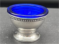 Sterling silver cobalt blue glass salt cellar