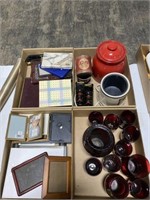 4 Boxes of Picture Frames, Glassware, Cookie Jar,