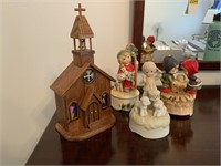 3 CHRISTMAS MUSIC BOXES AND WOODEN CHURCH