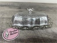 Beautiful pressed glass butter dish w metal lid