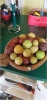 Carved wooden bowl and wooden fruit