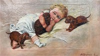 Antique Oil on Canvas Baby /Puppies by Lamprecht