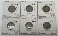 (6) Old German 10 Pfennig Coins: 1876-J, 1896-E,