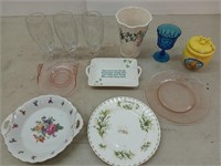 3 crystal glasses, vase, and assorted kitchenware