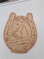 Wood engraved good luck horseshoe with horse