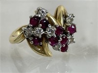 14KT Gold Ring w/ Diamonds & Ruby Colored Stones
