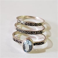 $120 Silver Set Of 3 Stacking Marcasite Aquamarine