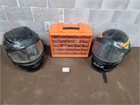 Bolt bin loaded with buttons and 2 sled helmets