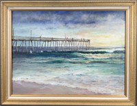 Coastal Pier Scene Oil Painting, Signed
