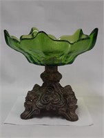 Green Glass Bowl On Metal Base, 6" T x 6" W