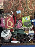 BOX OF JUNK DRAWER ITEMS: SEWING KIT, BOOKS,