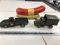 2 tin army trucks and plastic wienermobile bank