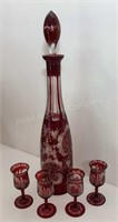Bohemian Ruby Cut to Clear Decanter Set