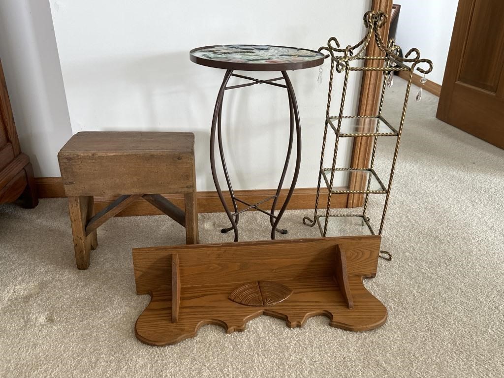 Metal stands, antique stool, shelf