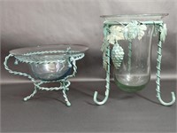 Glass Bowls on Twisted Green Leaf Metal Stands