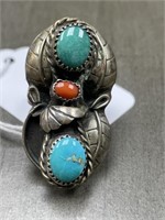 NATIVE TURQUOISE AND RED CORAL RING - SIZE 7