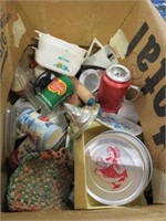 Box of childs kitchen items including can goods