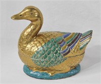 Porcelain Gold Painted Covered Duck Dish
