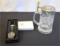 Olevs Man's Wristwatch & Etched Glass Stein