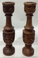 PAIR OF INDIAN ORNATE CARVED WOOD CANDLESTICK