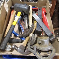 BOX OF HAMMERS & MISC TOOLS