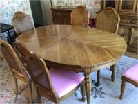 5' Fruitwood dining table, 6 chairs, 2 leaves