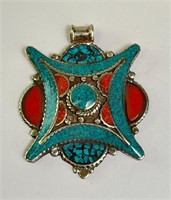 Alpaca Coral/Lapis/Turquoise Pendant 35 Grams