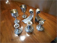 7 Piece Silver Candle Holders, Goblets, Bookends