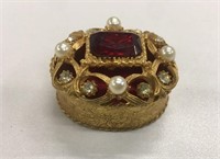 Gold Tone & Ruby & Citron & Pearls Ring Box