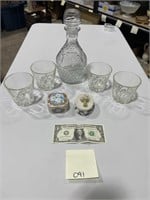 Nice Decanter w/ Stopper, Glasses & Trinket Dishes