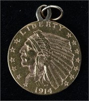 1914 $2 1/2 INDIAN US GOLD COIN PENDANT