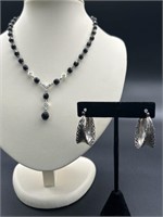 Sterling Silver Earrings & Black Bead Necklace