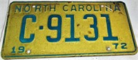 NC License Plate Tag 1972