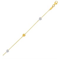 14k Two-tone Gold Anklet With Textured Hearts