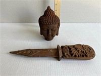 Hand Carved Wood Knife and Bust Lot