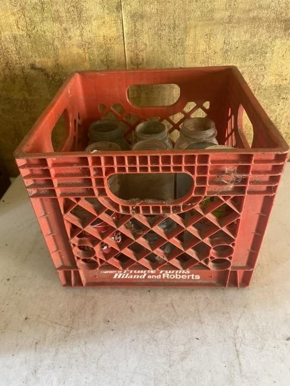 Prairie Farms milk crate, ball canning jars,