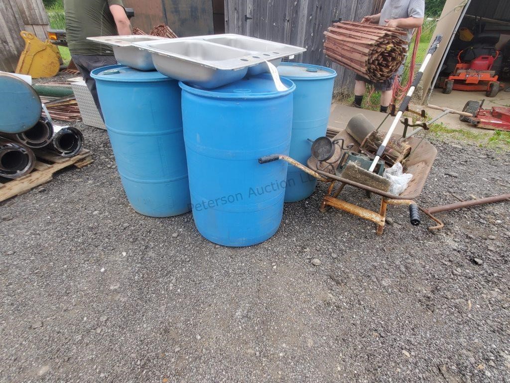 4 barrels, 2 stainless sinks and wheelbarrow