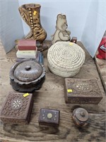 Wooden items and ceramic boot