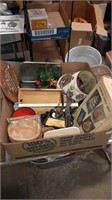 Box of vintage kitchenware and collectibles with