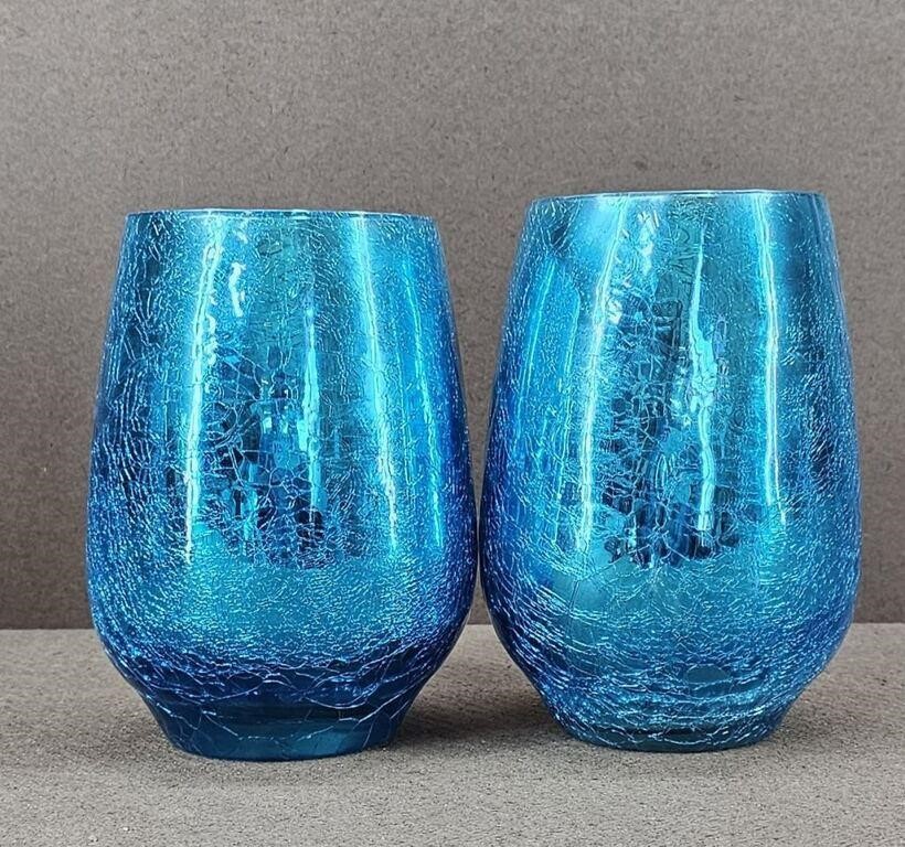 2pc Teal Aqua Crackle Candle Vases