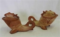 Pair of Greentown chocolate glass dolphin cvd
