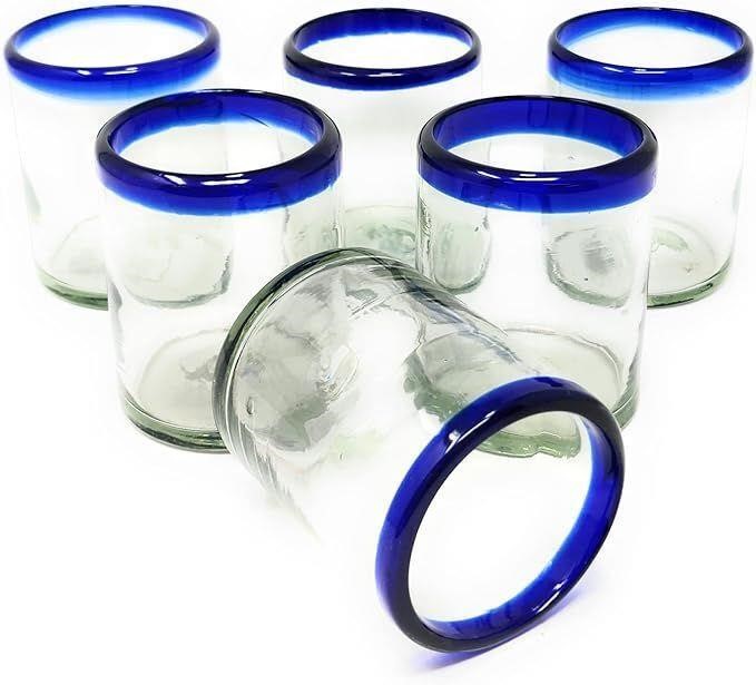 Set of 6 Tumbler Glasses w Cobalt Blue Rims 10 oz