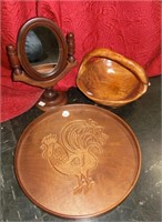 14" wood tray with rooster, wood carved basket