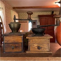 Two antique wood & iron coffee grinders