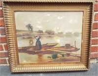 Oil on board of woman on shore. Unknown